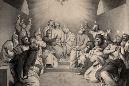The coming of the Holy Spirit: Tongues of fire descend on the apostles at Pentecost.
